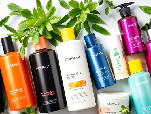 Colorful shampoo bottles surrounded by fresh green plants.