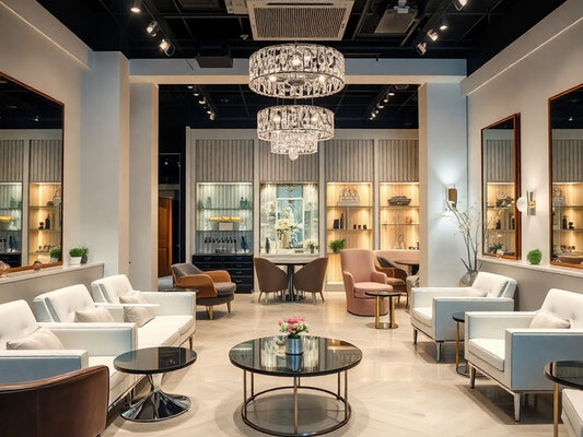 Elegant salon interior with modern decor and warm lighting.