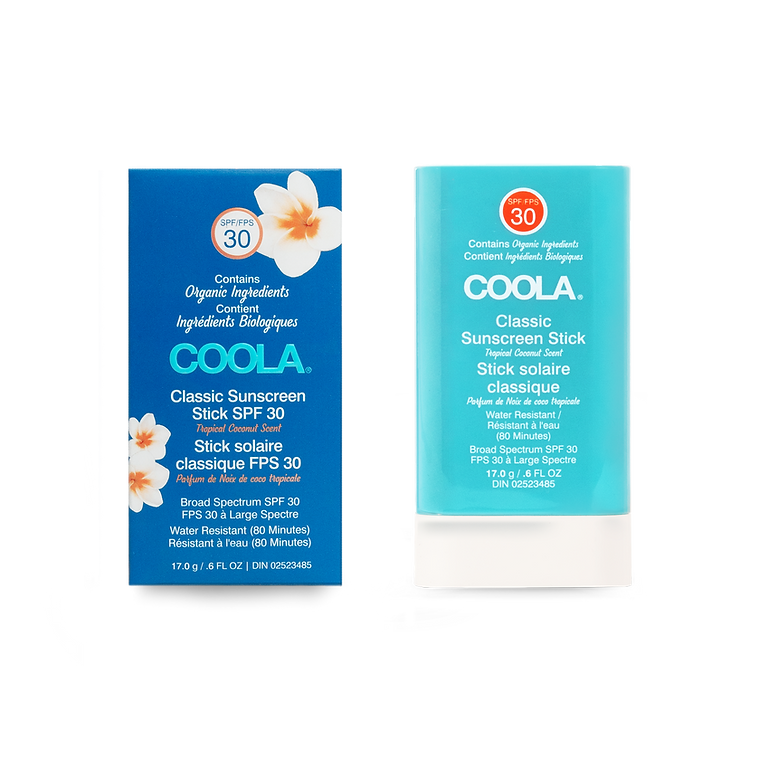 Classic Organic Sunscreen Stick SPF 30 in Tropical Coconut scent, offering portable UVA/UVB protection.