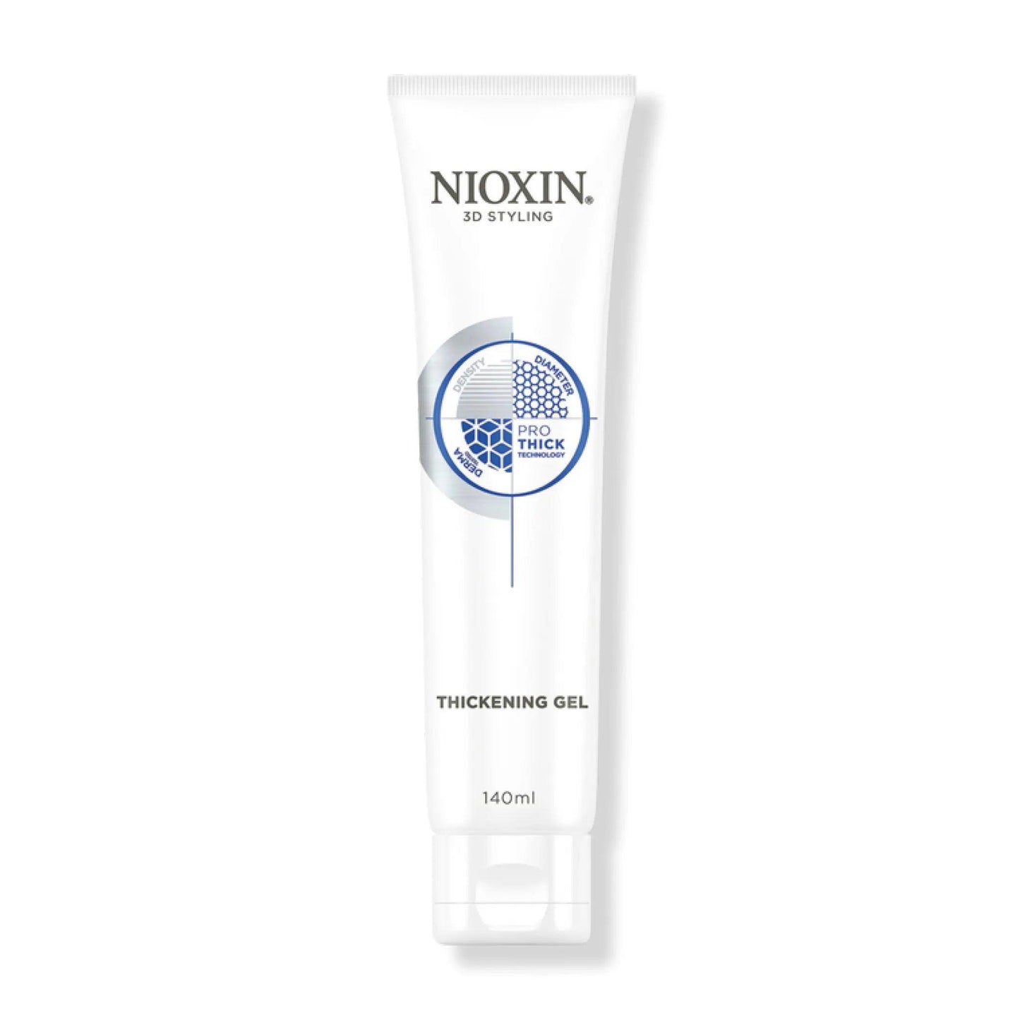 Nioxin 3D Styling Thickening Gel tube for hair volumizing and strong hold, ideal for short to mid-length hairstyles.