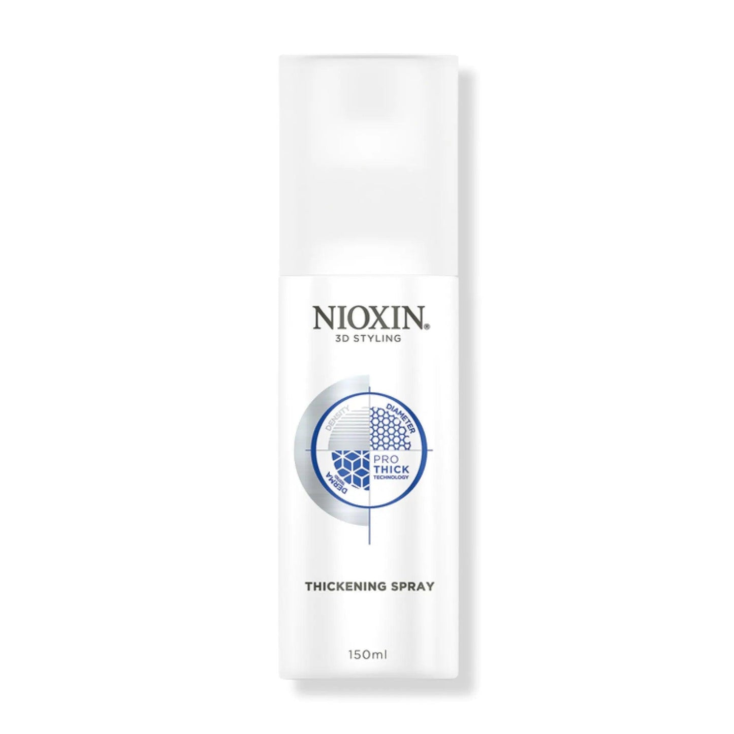 Nioxin 3D Styling Thickening Spray bottle for texture and volume, 150ml, enhances hair manageability and fullness.