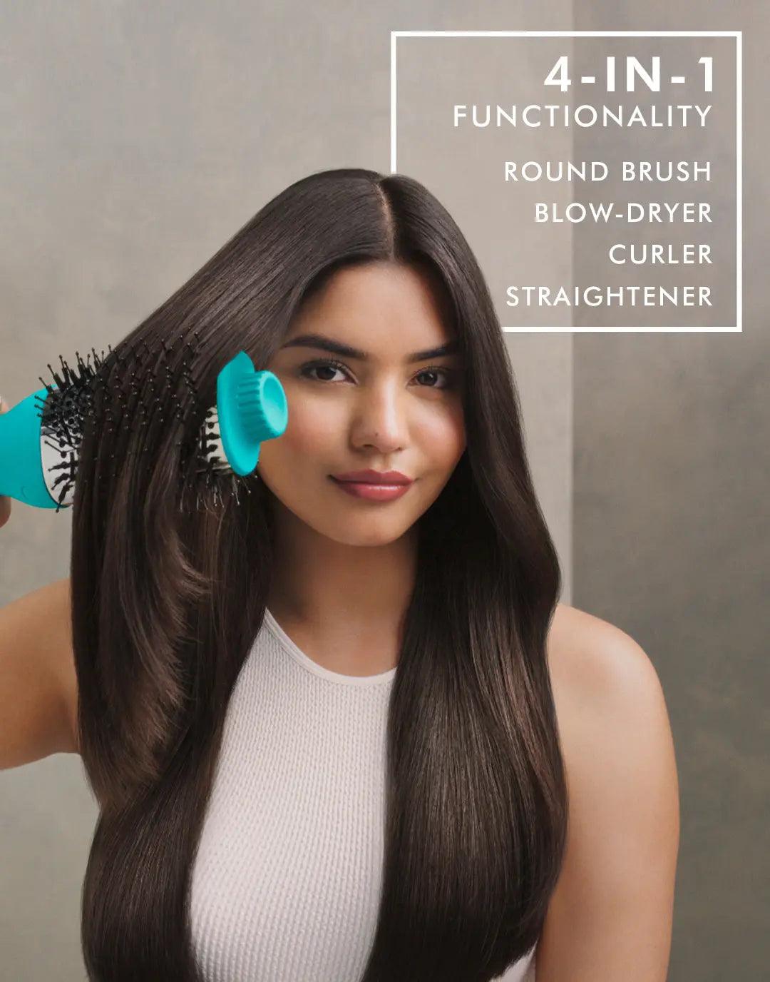 Woman using a 4-in-1 blow-dryer brush featuring round brush, blow-dryer, curler, and straightener for smooth hair.
