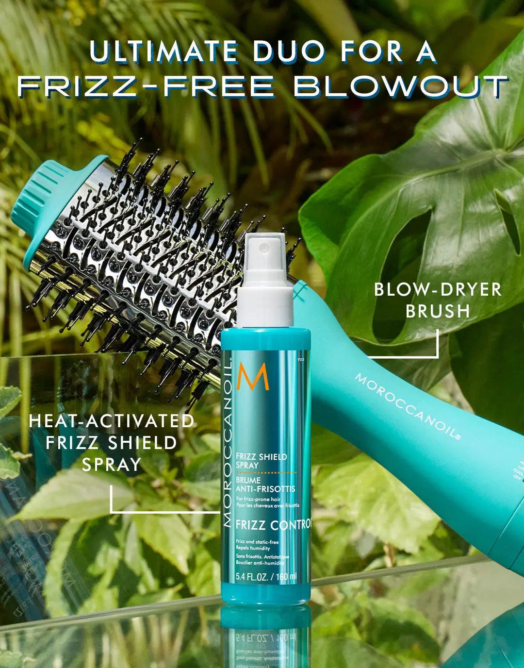 Ultimate duo for a frizz-free blowout featuring a blow-dryer brush and heat-activated frizz shield spray.