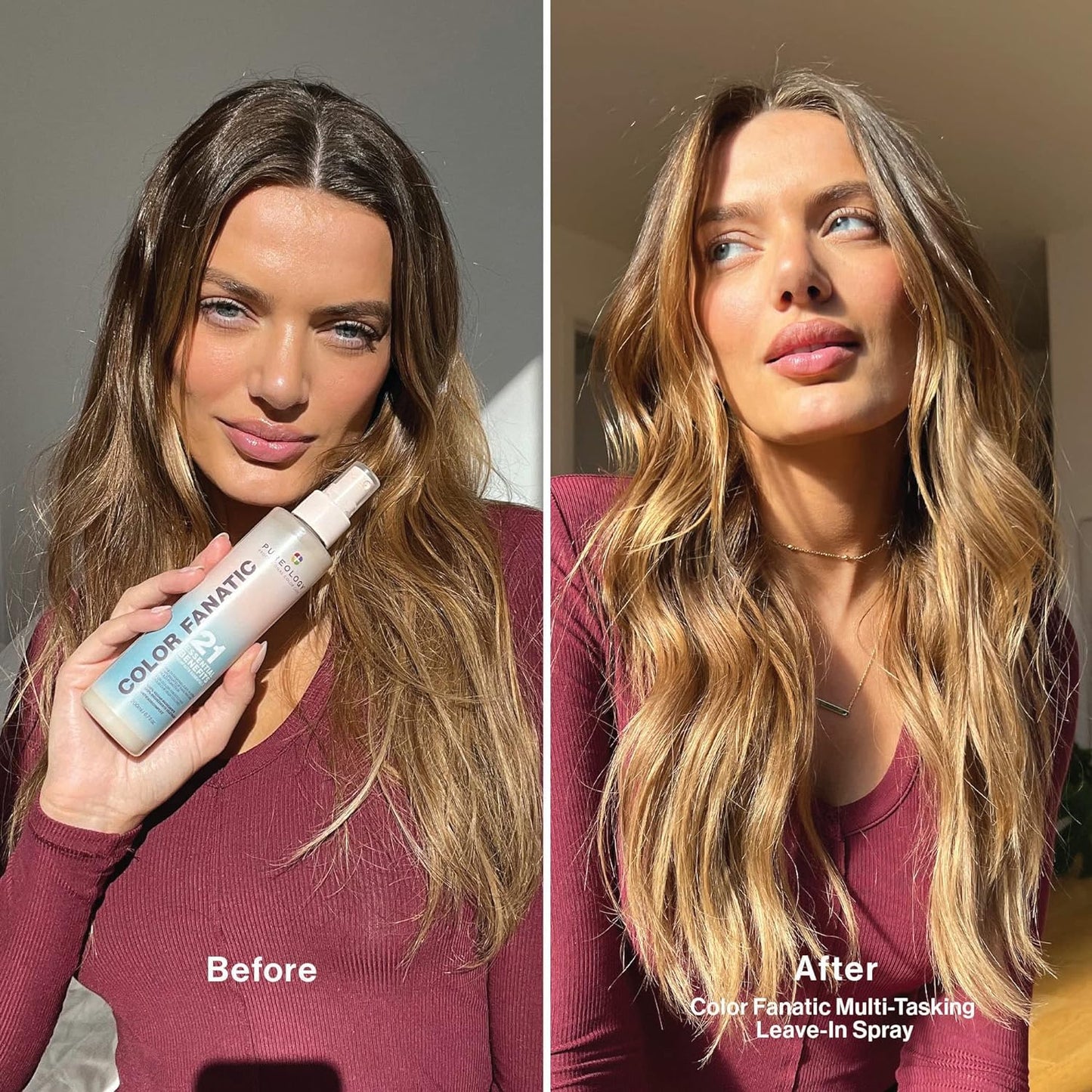 Before and after of a model using Pureology Colour Fanatic Leave-in Treatment Spray for vibrant, healthy hair.