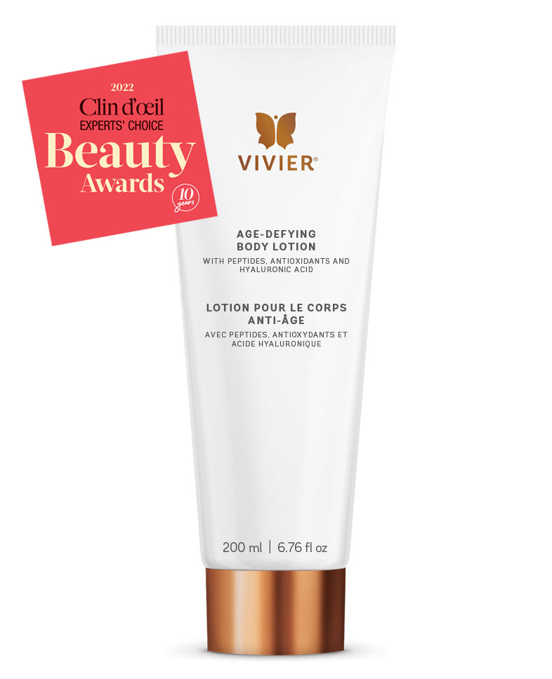 Vivier Age-Defying Body Lotion tube with Clin d'Oeil Beauty Awards 2022 sticker, 200 ml, for firmer and hydrated skin.