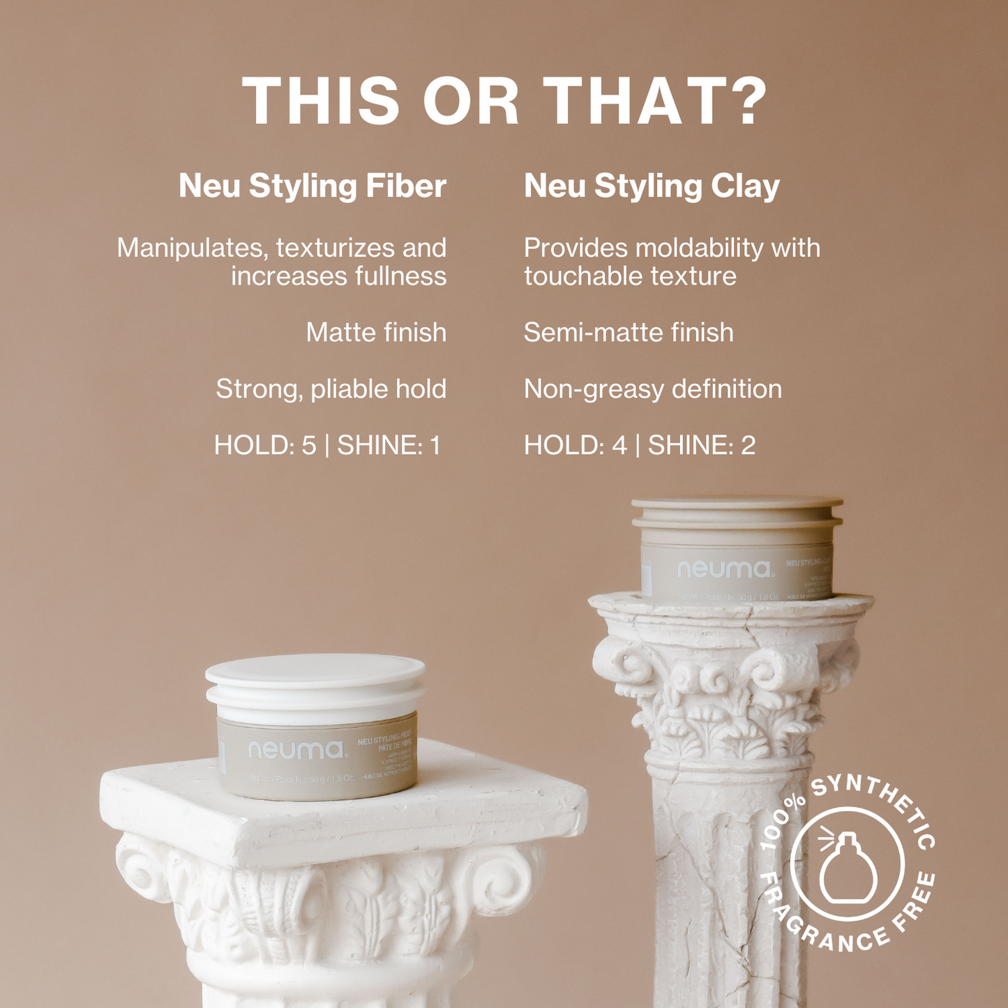 Neu Styling Fiber and Clay comparison on pillars, showcasing textures, finishes, and hold levels for styling.