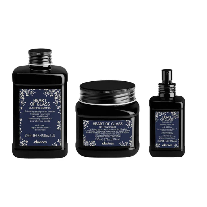 Davines Heart of Glass Gift Set featuring Silkening Shampoo, Rich Conditioner, and Sheer Glaze for blonde hair care.
