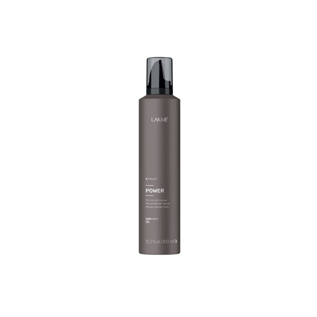 K.Finish Power Strong Hold Mousse in a gray bottle for volume and UV protection, suitable for all hair types.