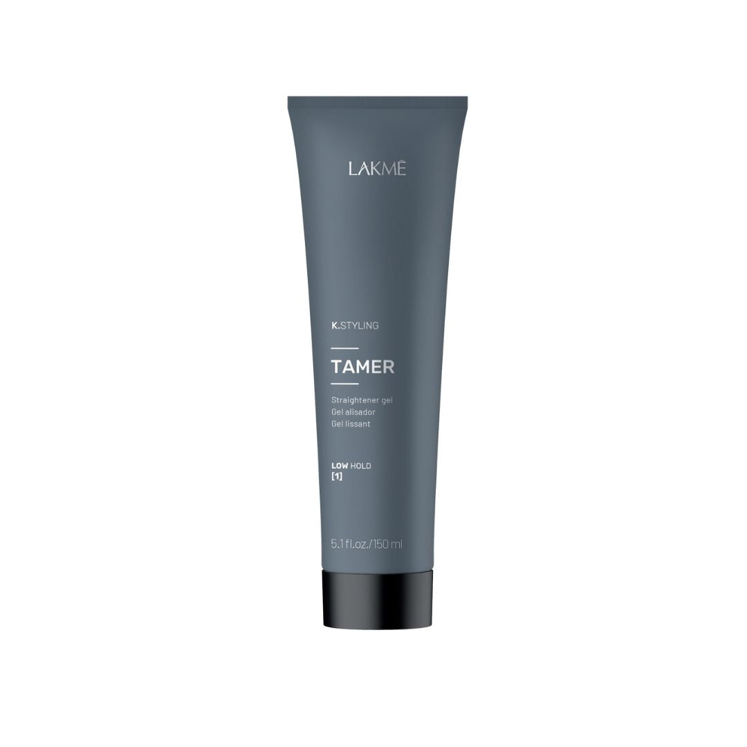 K.Styling Tamer Straightener Gel in sleek gray tube for frizzy hair, offering thermal protection and natural shine.