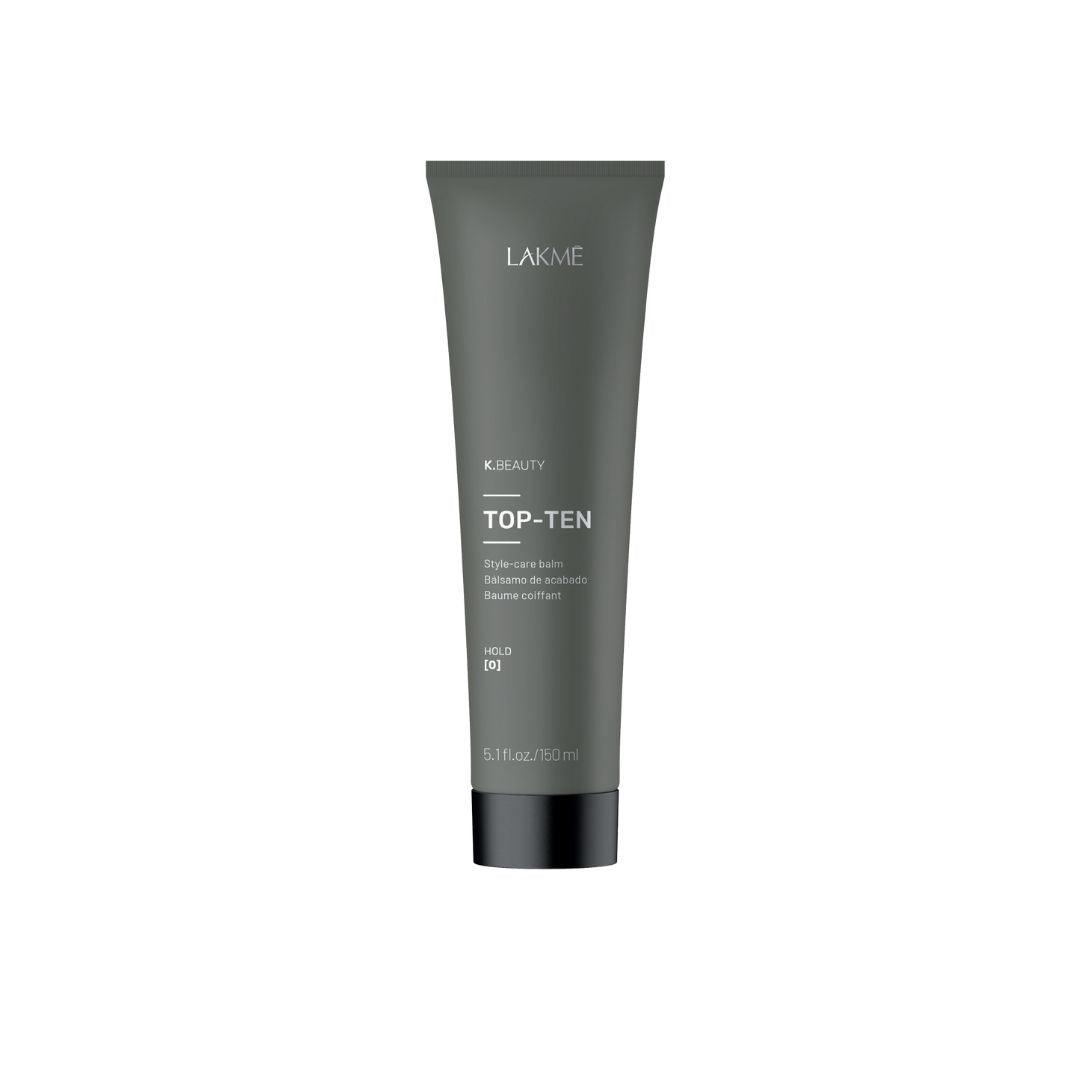 K.Beauty Top-Ten Style-care Balm in sleek gray tube, leave-in hair balm for silky shine and frizz reduction.