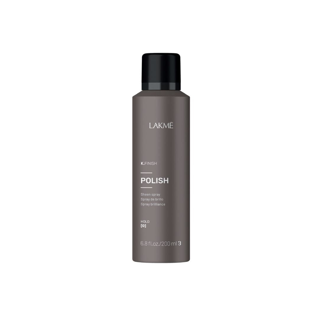 K.Finish Polish Sheen Spray by Lakme, 220ml, offers long-lasting shine and frizz elimination for all hair types.