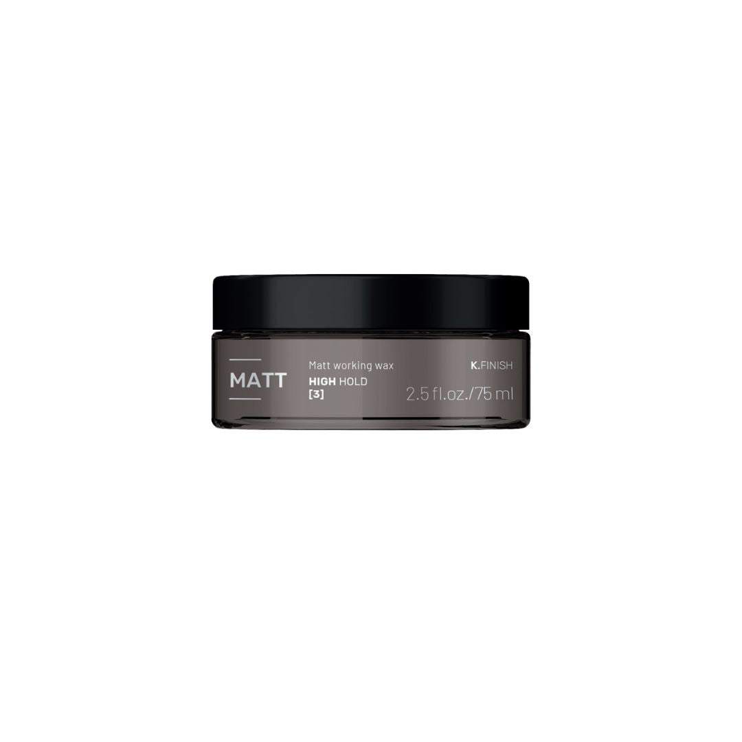 K.Finish Matt Working Wax in jar, 2.5 fl. oz., high hold for textured hair styling and UV protection.