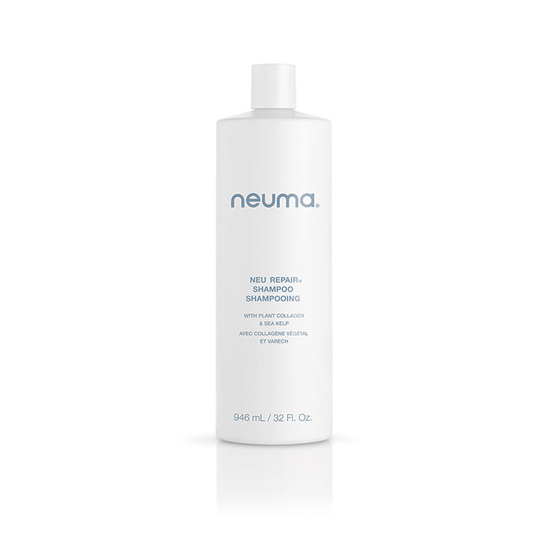 Neu Repair Shampoo bottle for revitalizing damaged hair, featuring lemon, lavender, and fir needle aroma, sulfate-free formula.