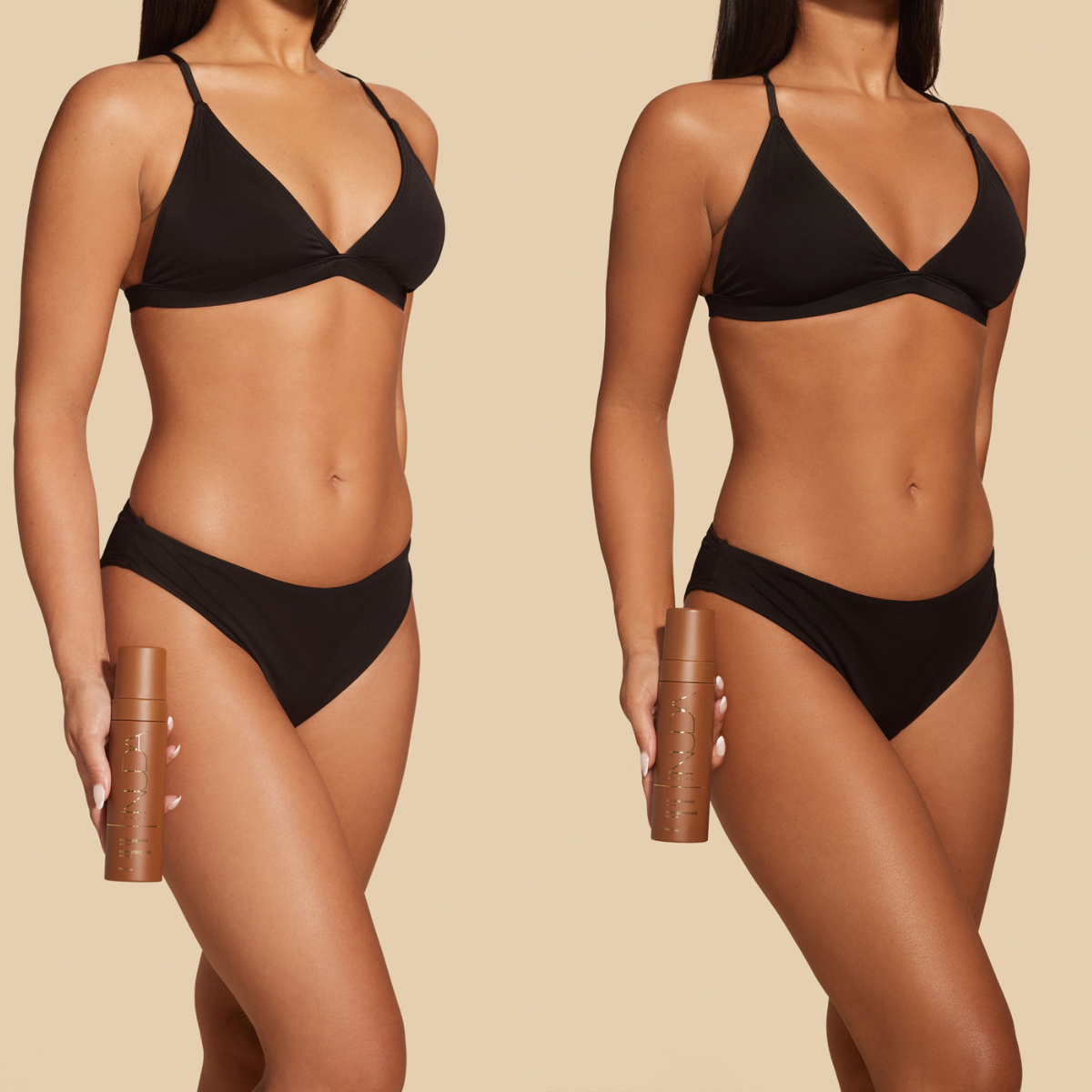 Before and after using Ultra Dark Self Tanning Mousse, showcasing a flawless, radiant skin tone.