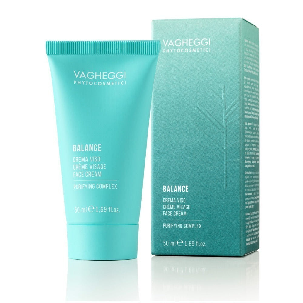 Balance Face Cream in a 50 ml tube with packaging, hydrating gel texture for oily skin and anti-pollution protection.