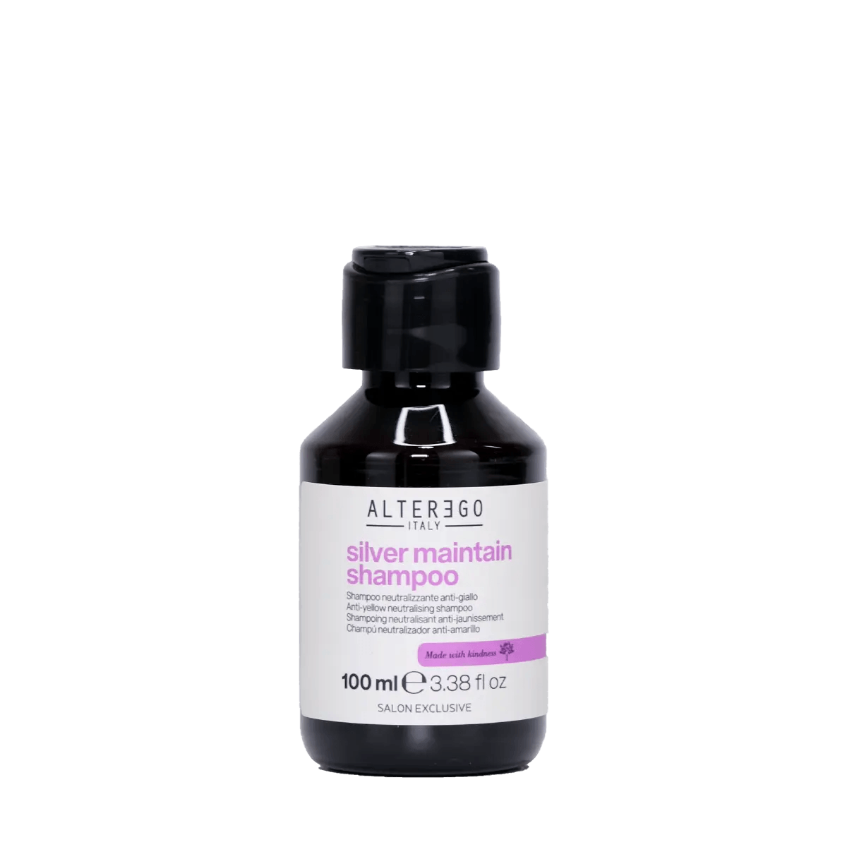 Silver Maintain Shampoo 100ml bottle by Alter Ego, gently cleanses, enhances shine, and fights yellow tones.