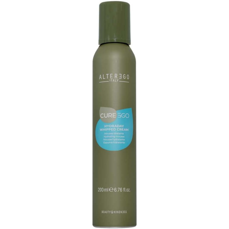 Whipped cream hair mousse by Alter Ego Italy in a green can, 200 ml for shiny, soft hair, free from parabens and artificial colorants.