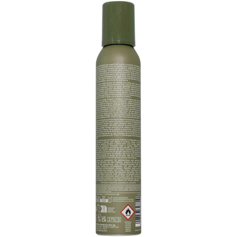 Back view of whipped cream hair mousse can, showcasing product details and usage instructions for all hair types.