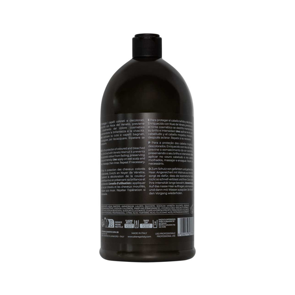 Back view of Color Care Shampoo bottle showcasing ingredient details and usage instructions. Free from harsh chemicals.