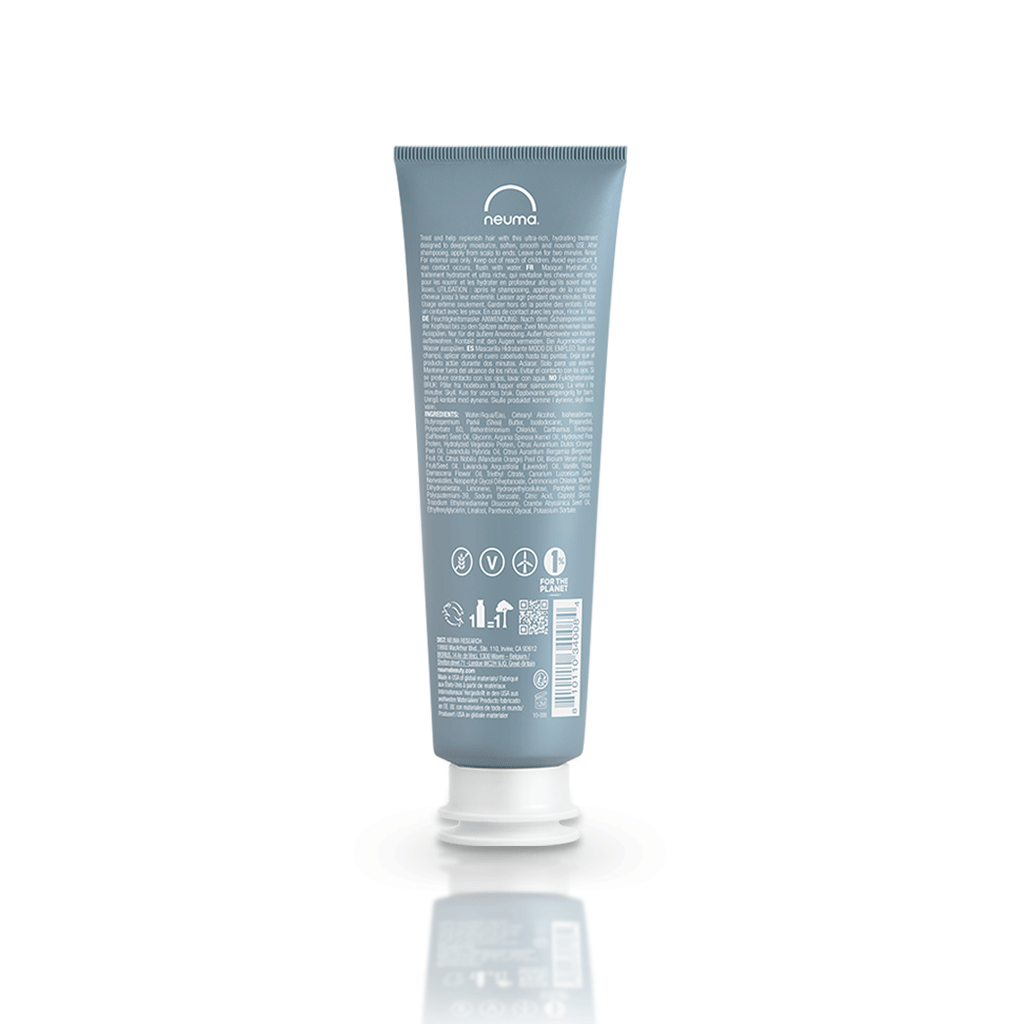 Neu Moisture Masque tube, an ultra-rich hair treatment for hydration and shine, featuring lavender, mandarin, and vanilla aroma.