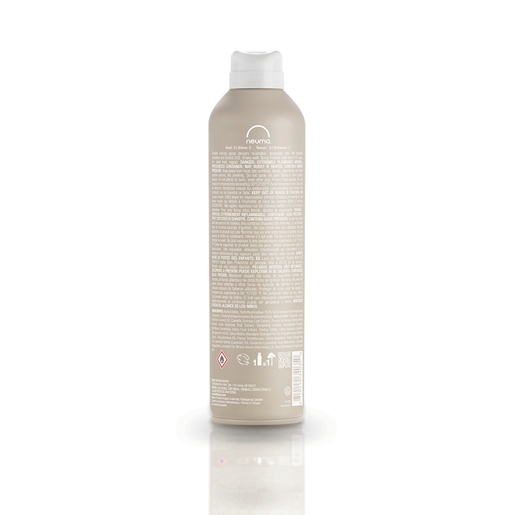 Neu Styling Flexible Hairspray bottle with product details on the back, showcasing lavender, mandarin, and vanilla aroma.