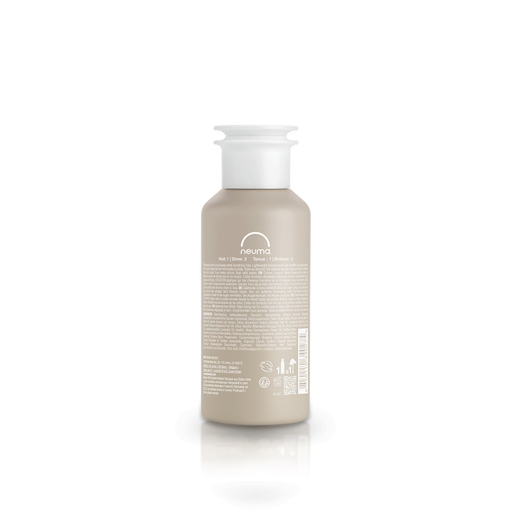 Neu Styling Smoothing Crème bottle showcasing its sleek design and product information for frizz control and shine.