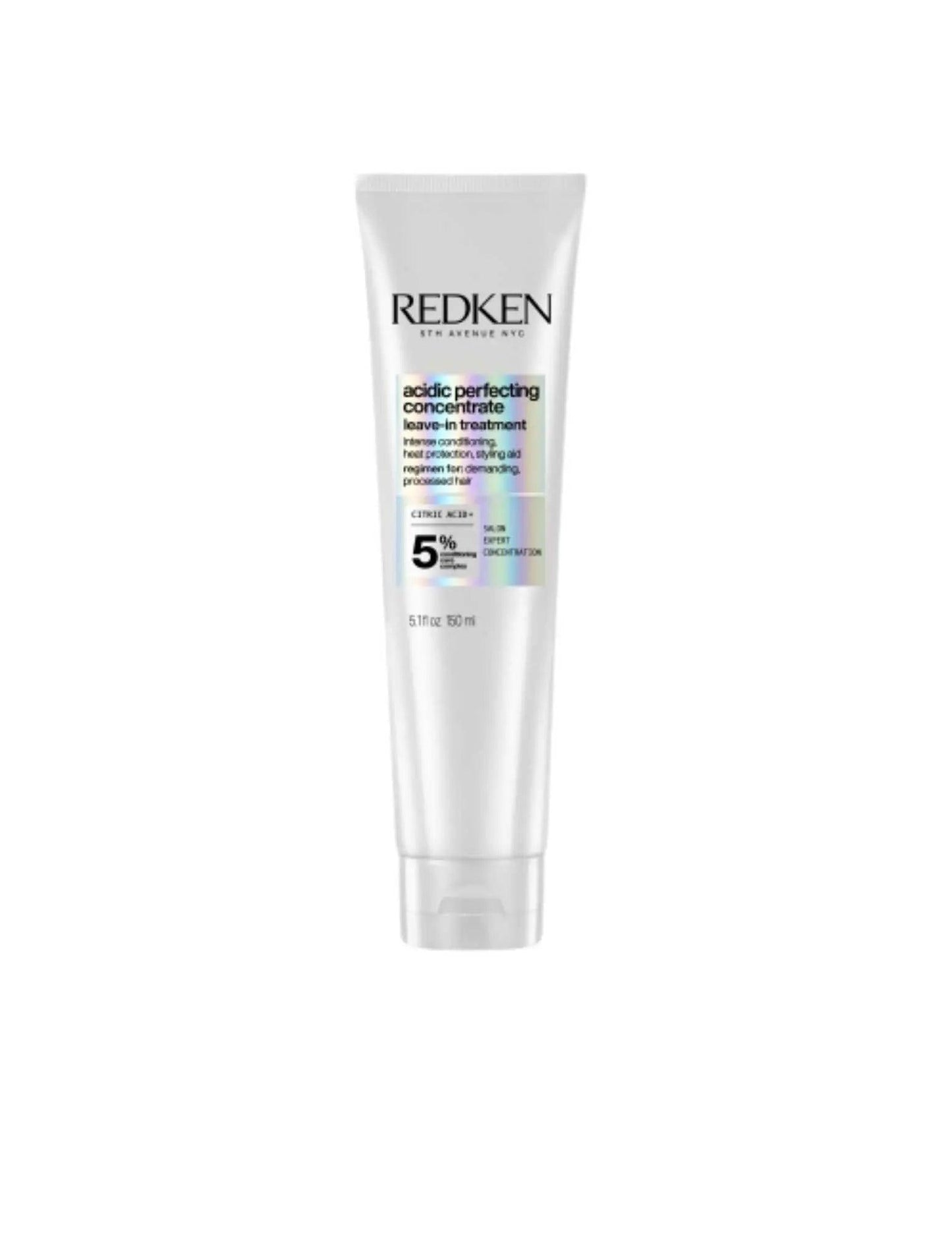 Redken Acidic Perfecting Concentrate Leave-in Treatment tube for restoring pH balance and enhancing hair health.