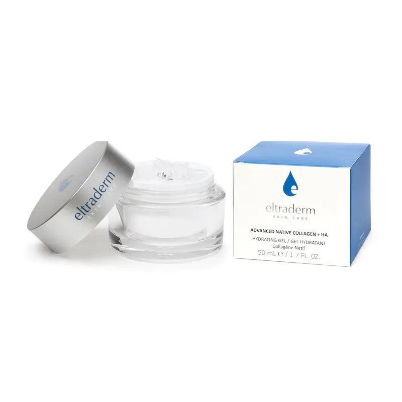 Advanced Native Collagen + HA hydrating gel in a jar with blue box, promoting skin resilience and elasticity.