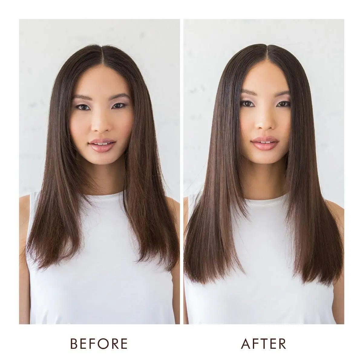 Side-by-side comparison showing hair before and after using Moroccanoil All In One Leave-in Conditioner.