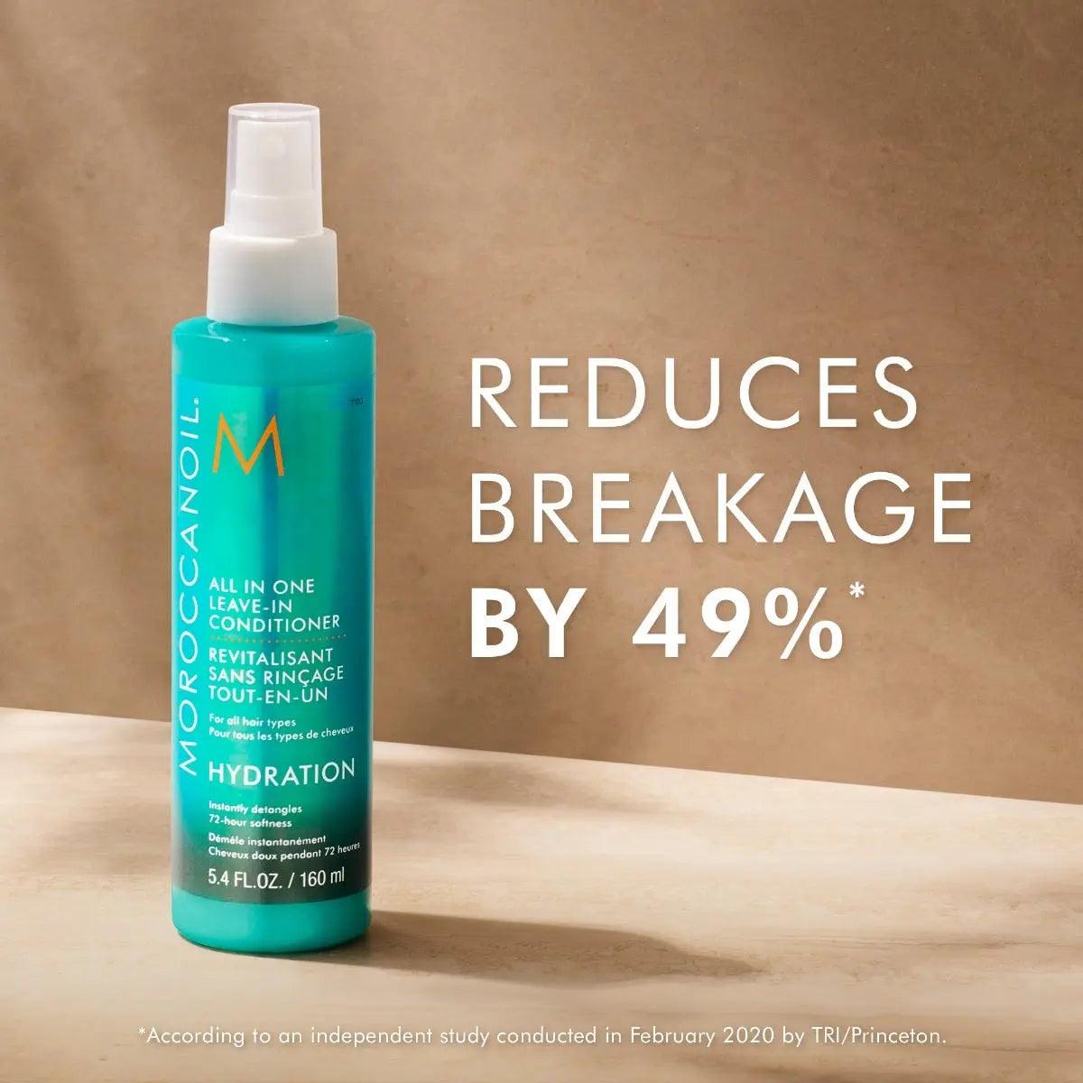 Moroccanoil All In One Leave-in Conditioner bottle highlighting benefits of hydration and reduced breakage by 49%.