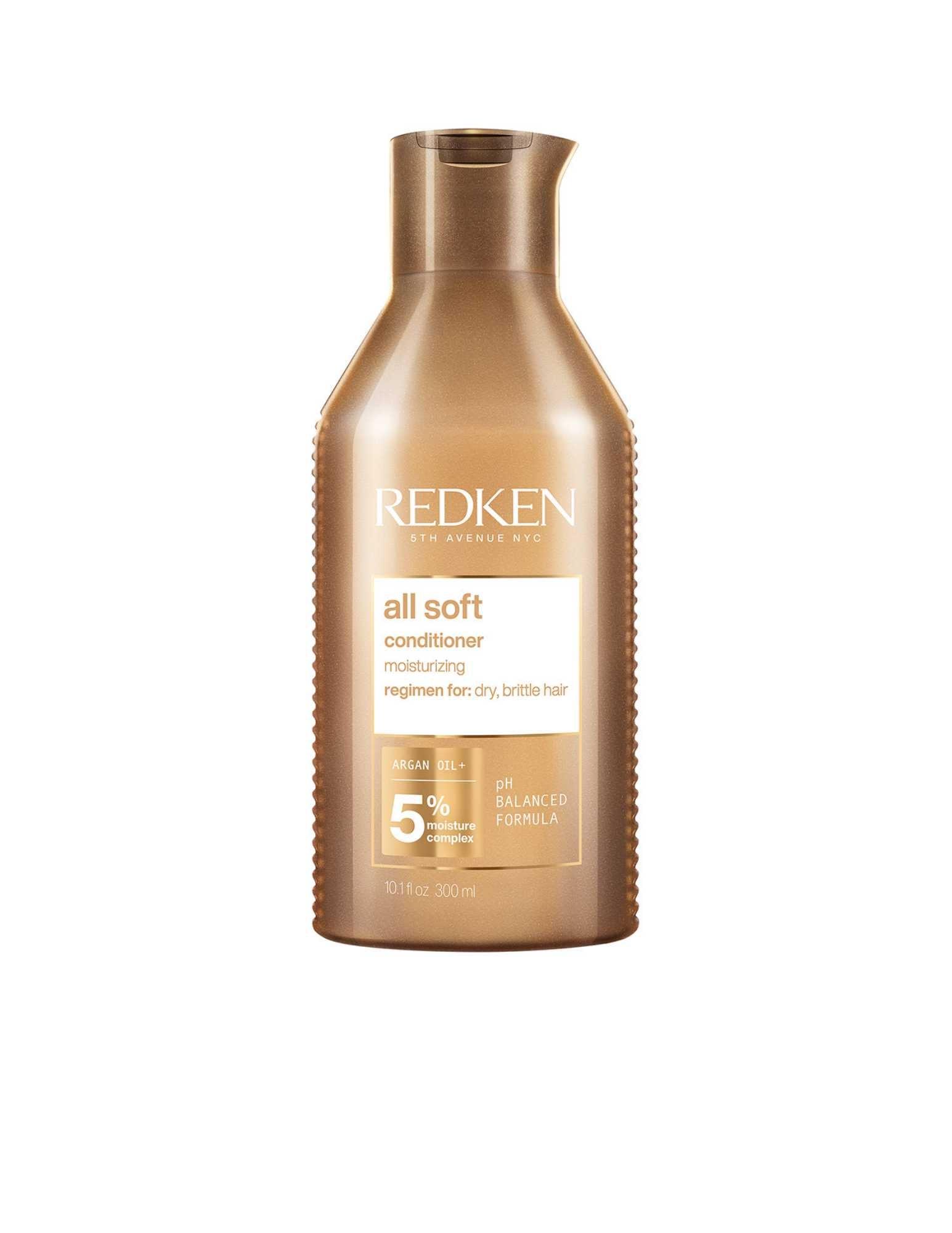 Redken All Soft Conditioner bottle for moisturizing dry, brittle hair, improving softness and shine.