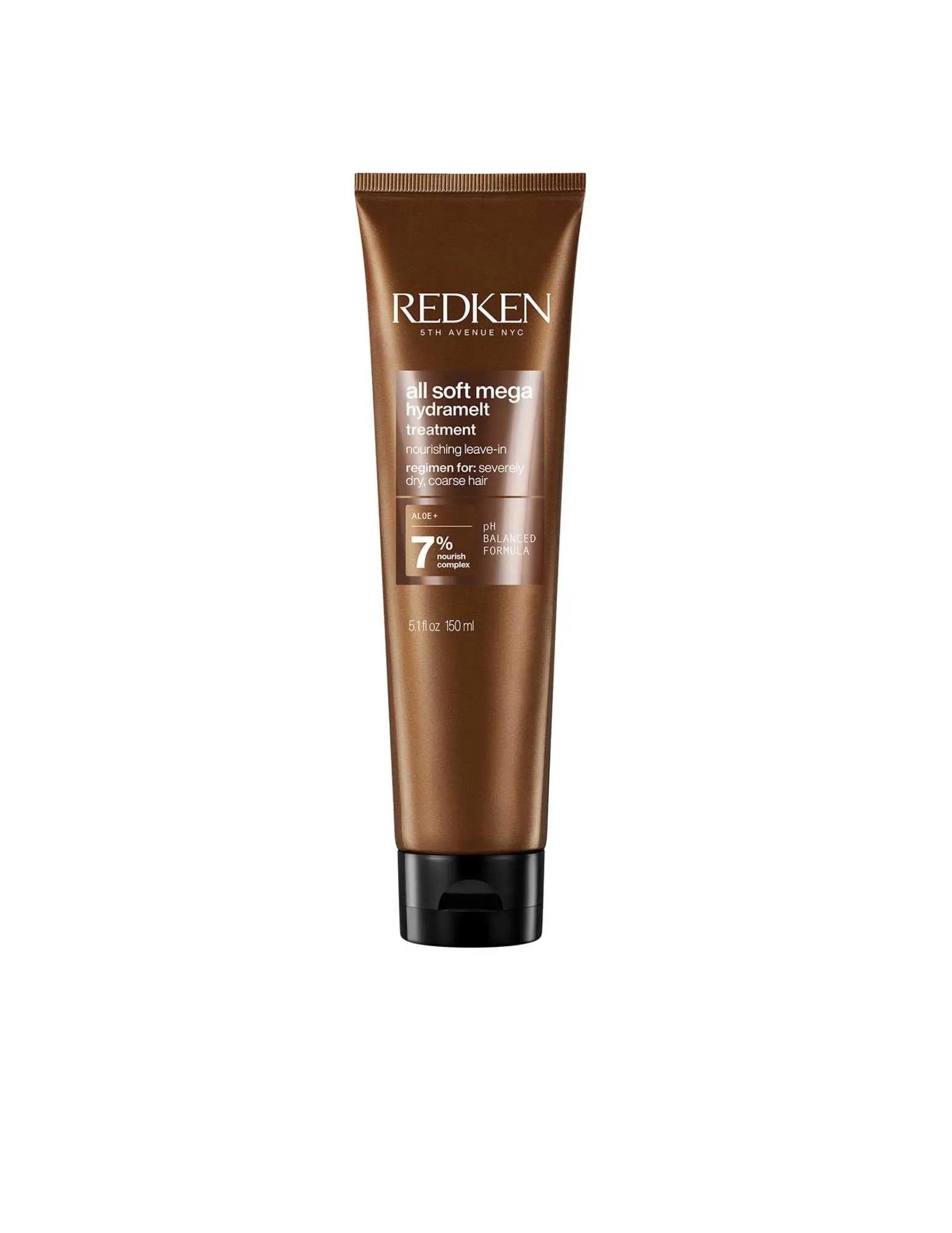 Redken All Soft Mega Curls Hydramelt Treatment tube for nourishing curly hair, providing intense moisture and hydration.