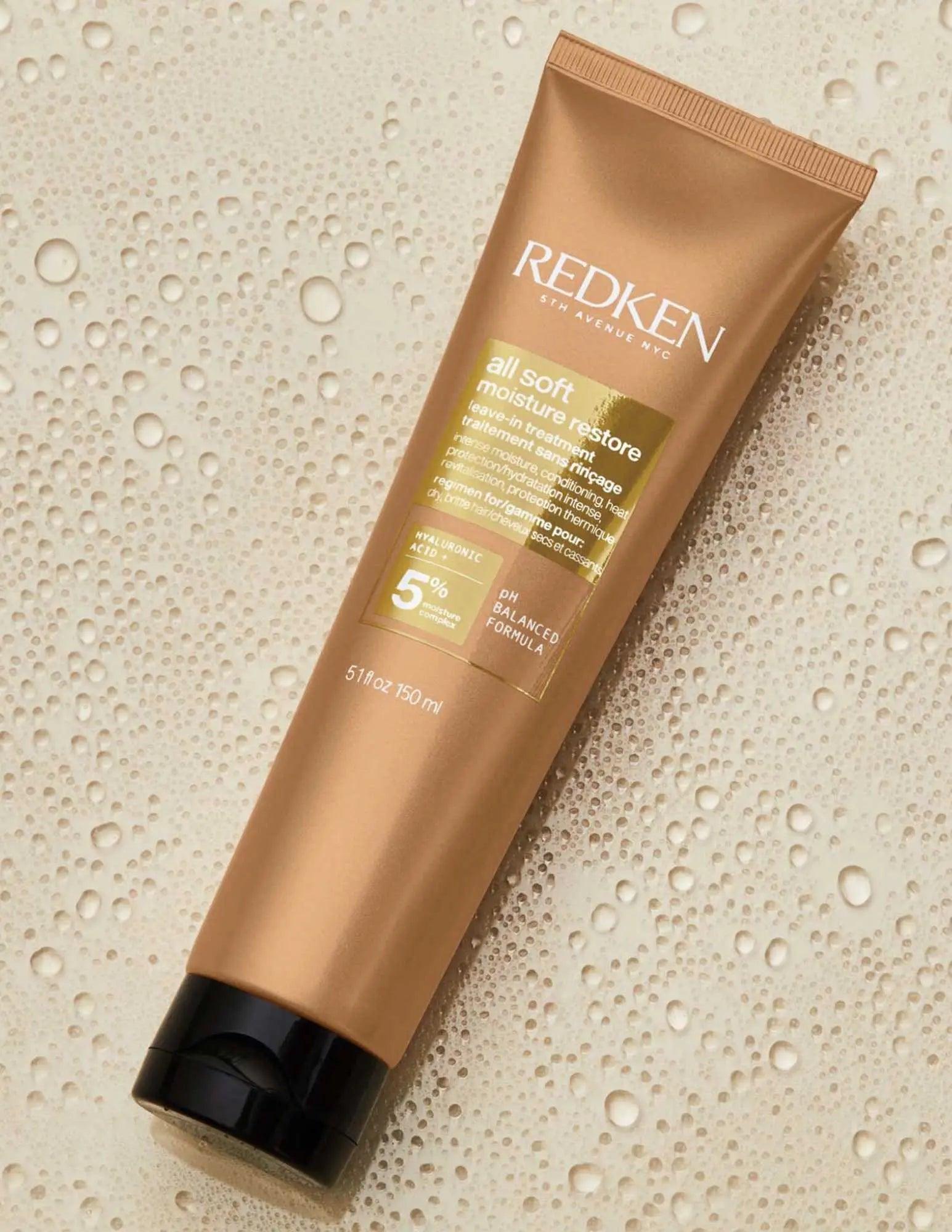 Redken All Soft Moisture Restore intensive hair treatment for deep hydration and moisture restoration in dry hair.