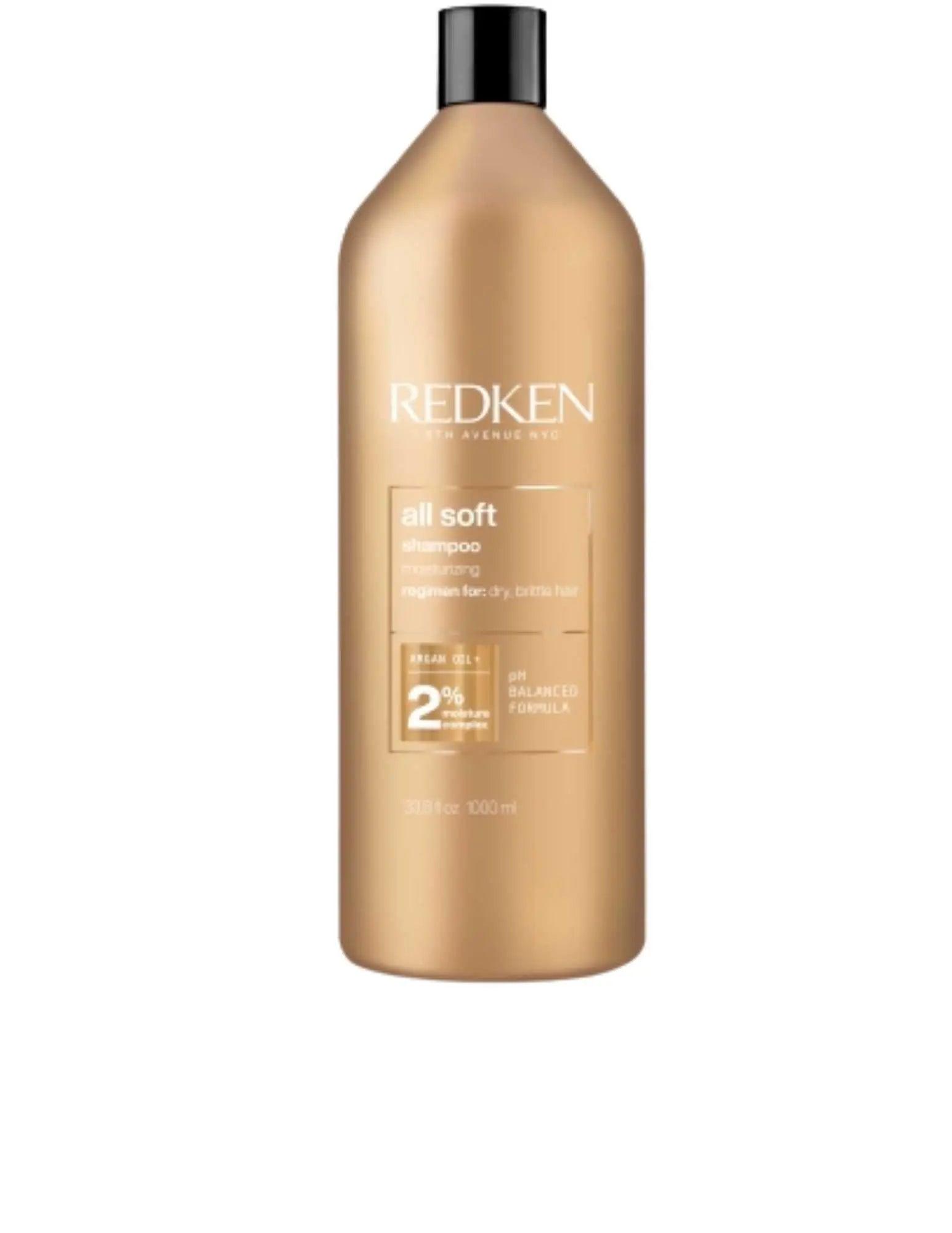 Redken All Soft Shampoo 1L bottle for moisturizing dry, brittle hair; ideal for all hair types and textures.
