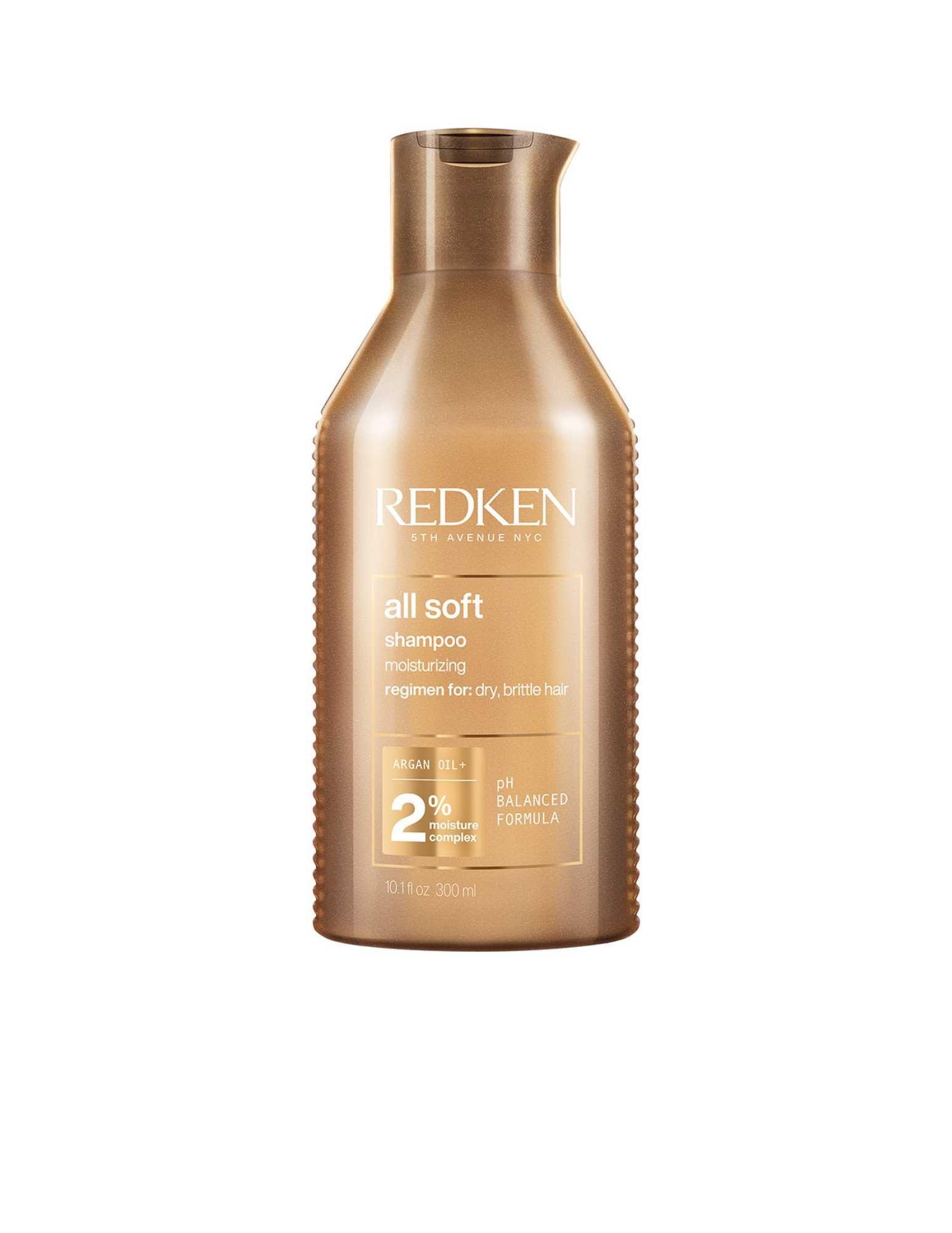Redken All Soft Shampoo 1L bottle for moisturizing dry, brittle hair, suitable for all hair types and textures.