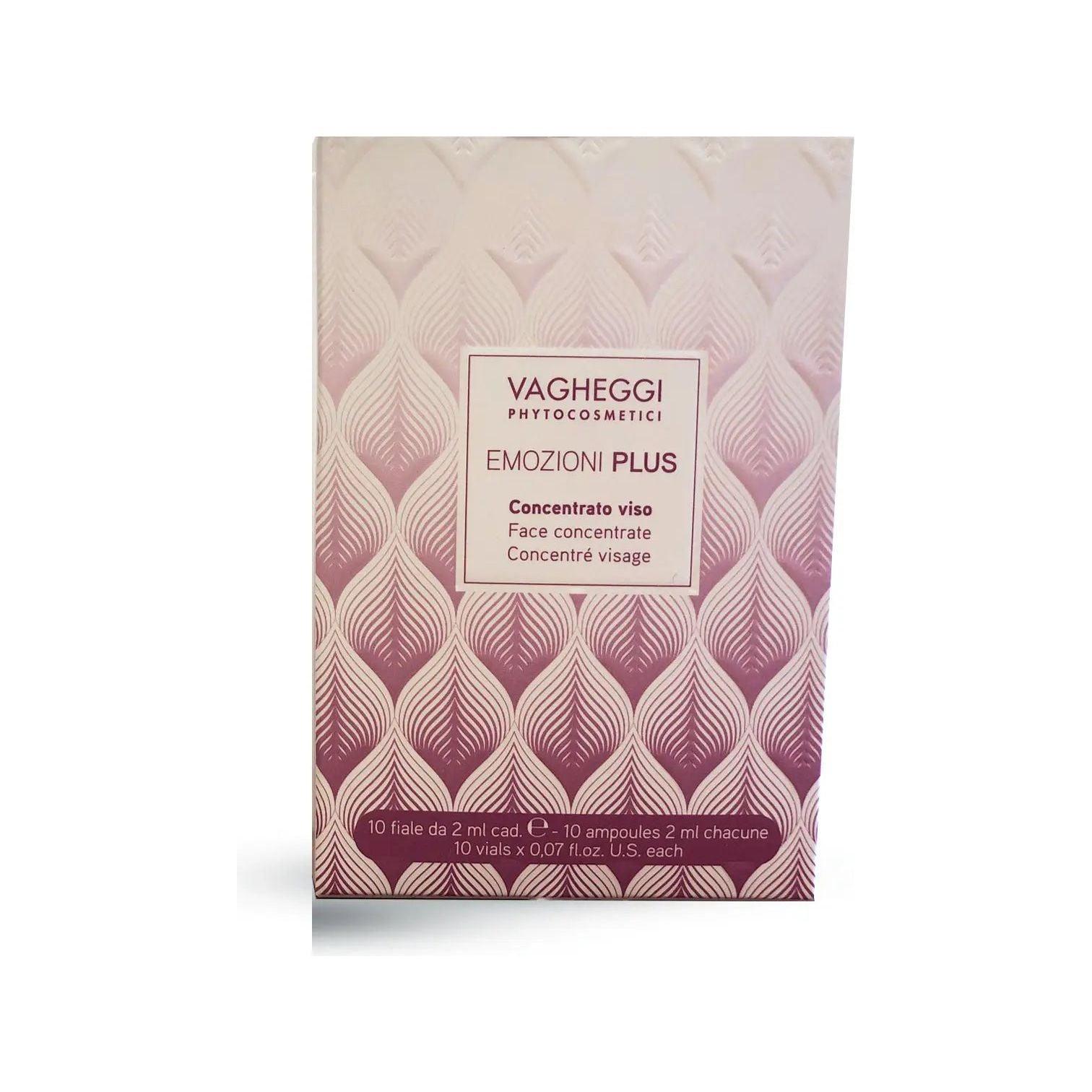 Ampoules Concentré Visage Emozioni Plus packaging for deep hydration, includes 10 × 2 ml vials for skincare boost.