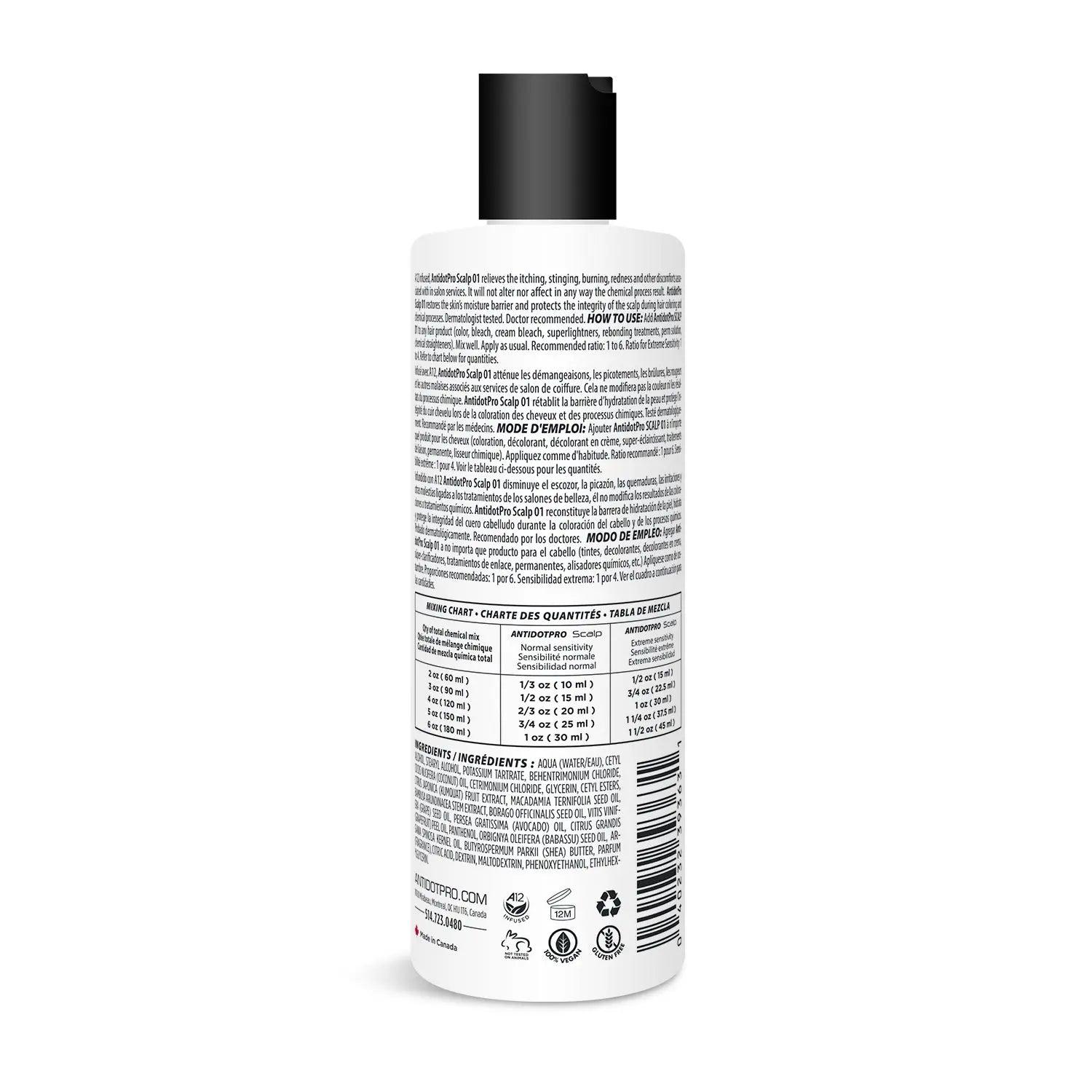 AntidotPro 01 Scalp 240ML bottle back label detailing ingredients and usage instructions.