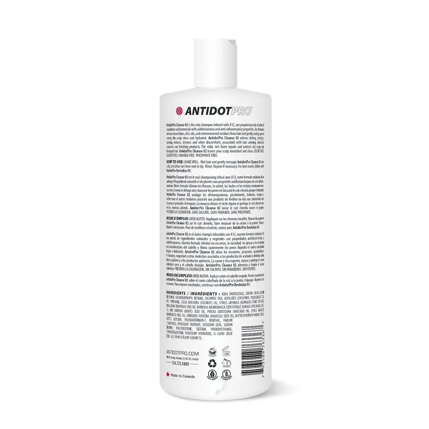 Back view of AntidotPro 02 Cleanse 1000ML bottle showing ingredients and usage instructions for daily scalp cleansing.