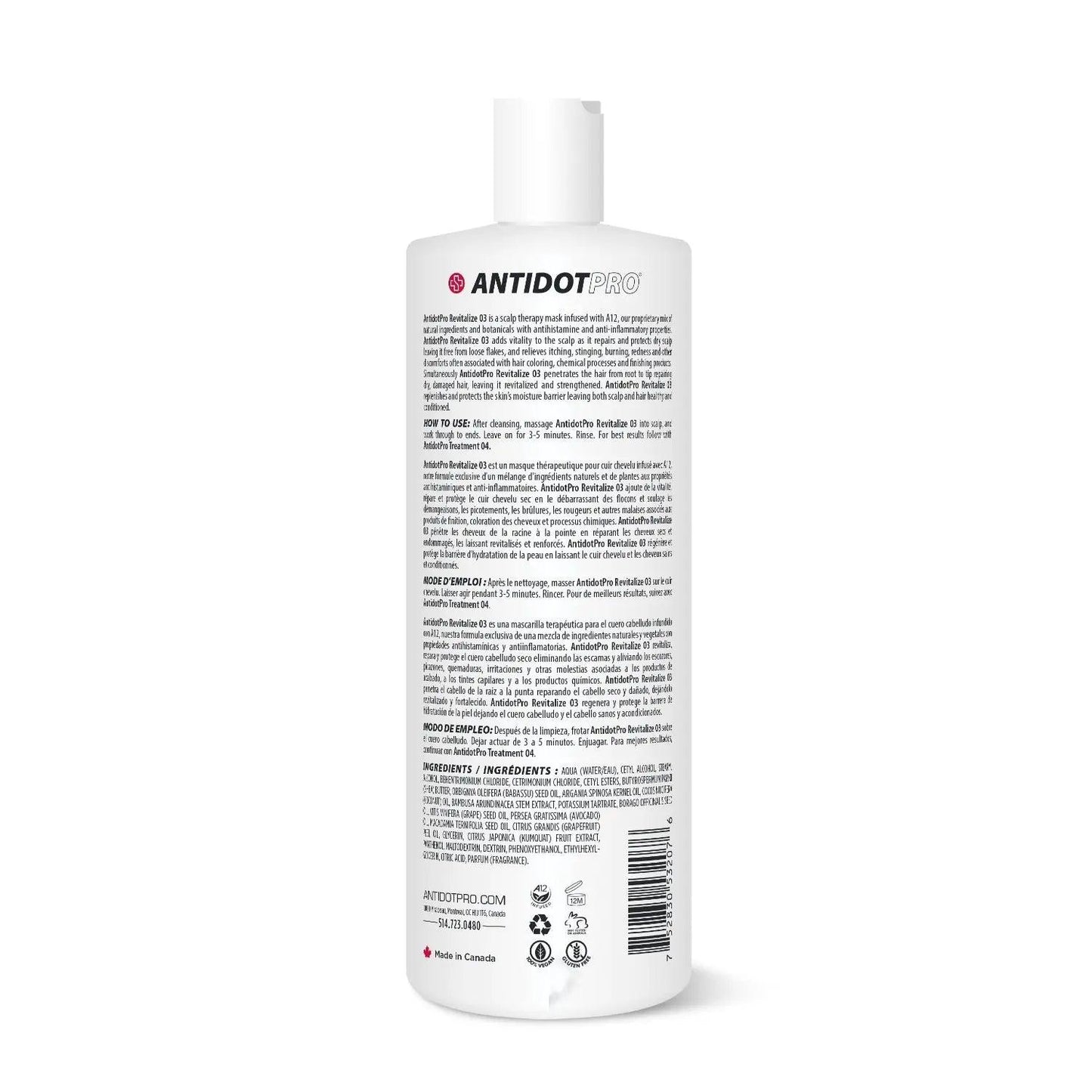 AntidotPro 03 Revitalize 1000ML bottle with product information and instructions for use, part of a three-step hair treatment system.