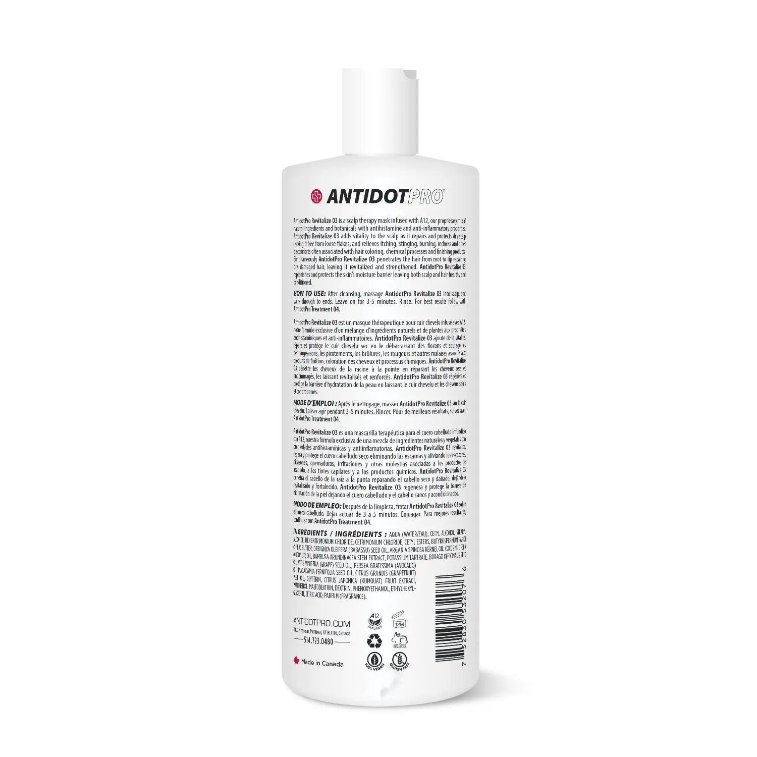 AntidotPro 03 Revitalize 1000ML bottle with product information and instructions for use, part of a three-step hair treatment system.