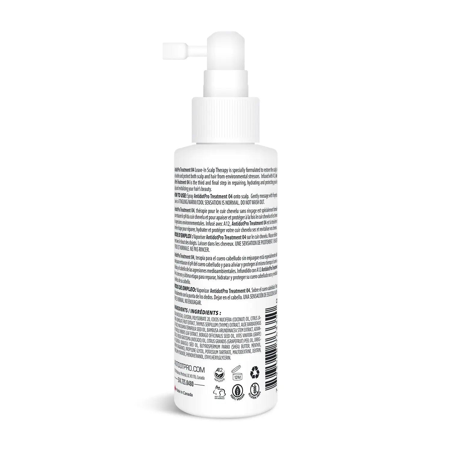 AntidotPro 04 Treatment 120ML bottle showing ingredients and usage instructions for leave-in scalp treatment.