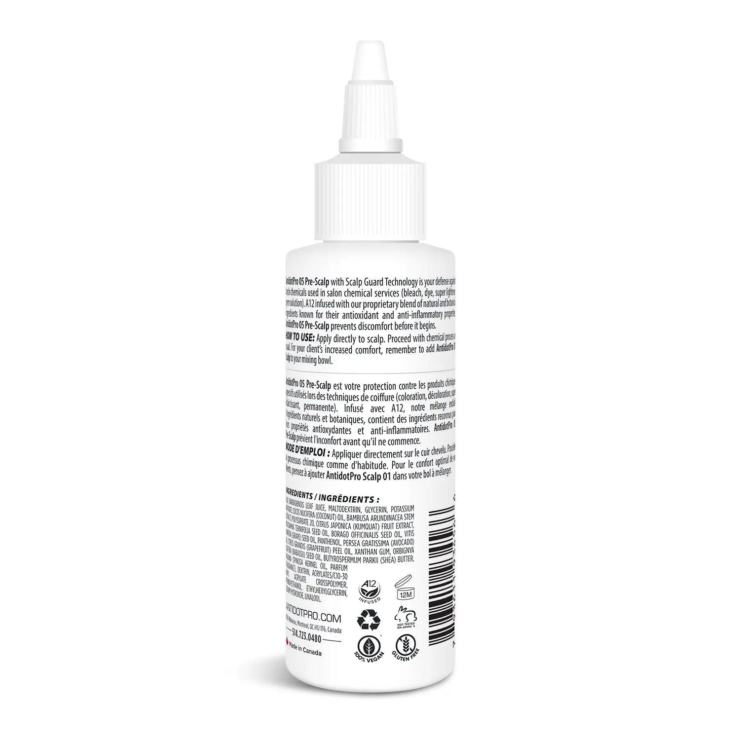 AntidotPro 05 Pre-Scalp 120ML bottle showing ingredient list and application instructions for scalp protection.