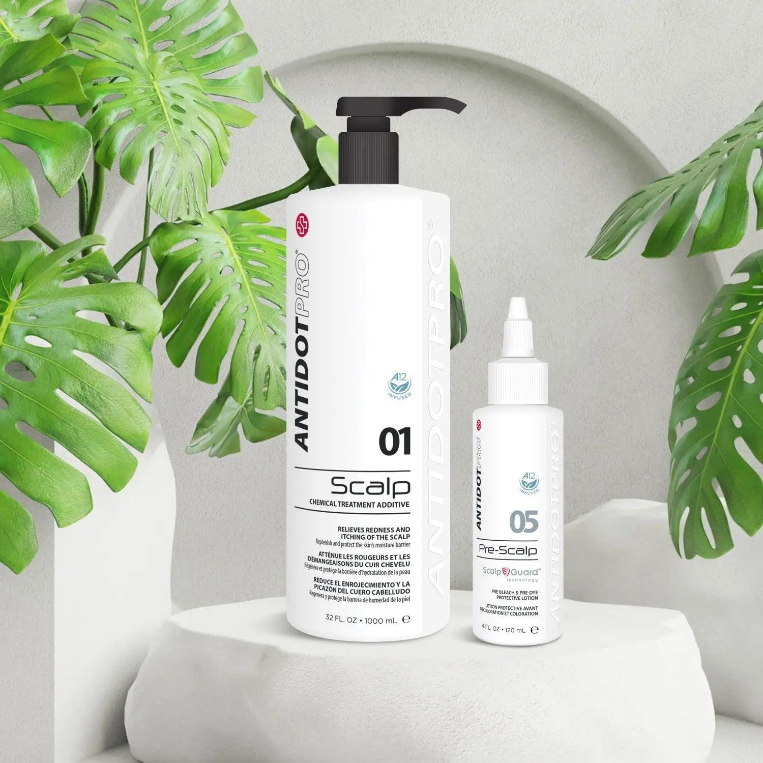 AntidotPro 01 Scalp and 05 Pre-Scalp bottles on a display with green plants, showcasing hair treatment products.