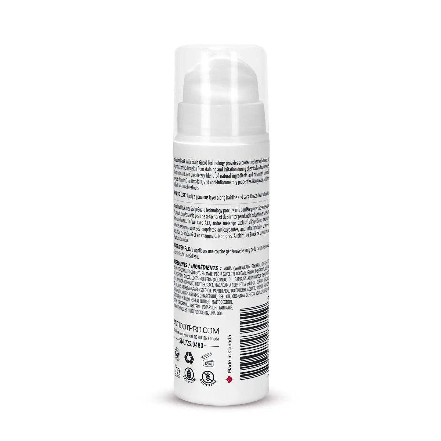 AntidotPro Block 150ML bottle back view, showcasing instructions and ingredients for scalp protection against color treatments.