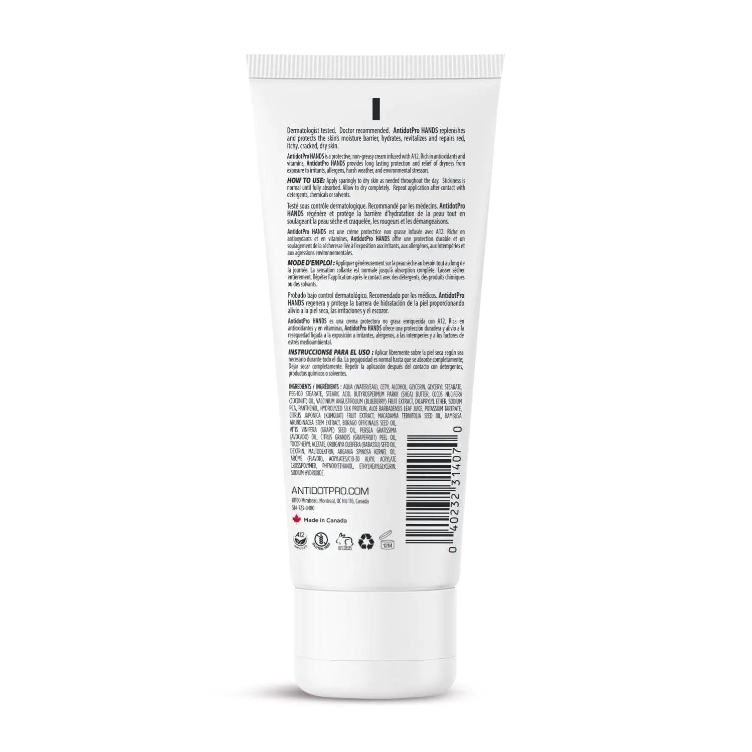 AntidotPro Hands 100ML tube showing ingredients and usage instructions for skin protection against irritations.