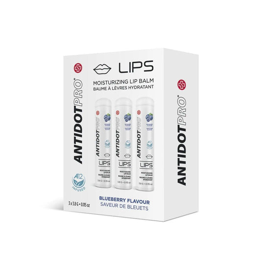 AntidotPro Lips moisturizing lip balm in blueberry flavor, 3 tubes of 3.8g, packaged in a box for hydration and protection.