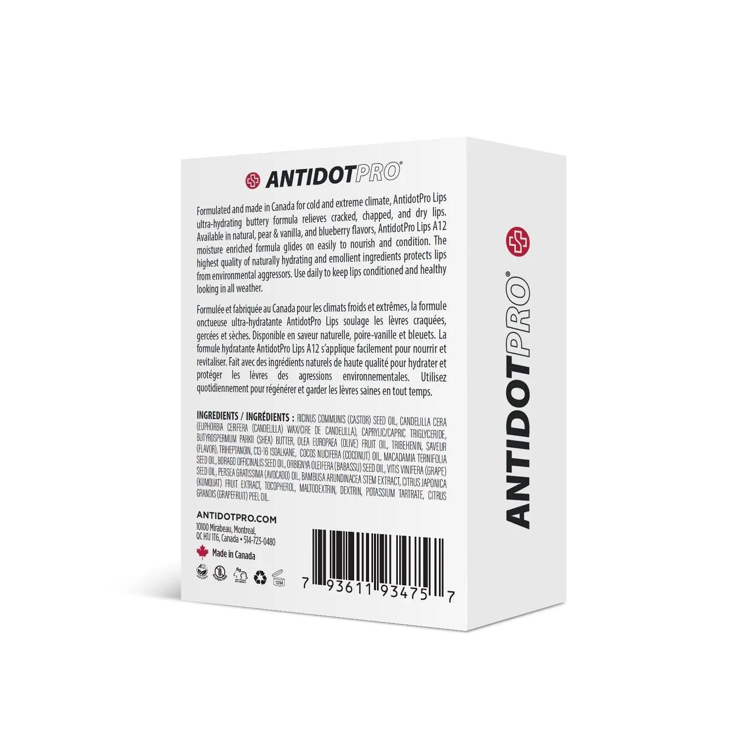 AntidotPro Lips Blueberry packaging showcasing ingredient list and product information for hydration and protection.