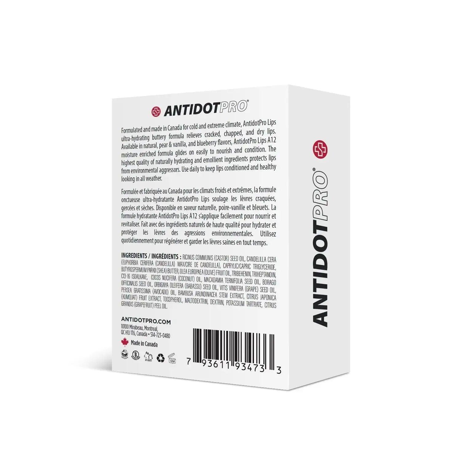 AntidotPro Lips Natural balm packaging, featuring ingredients list and usage instructions for effective lip hydration.