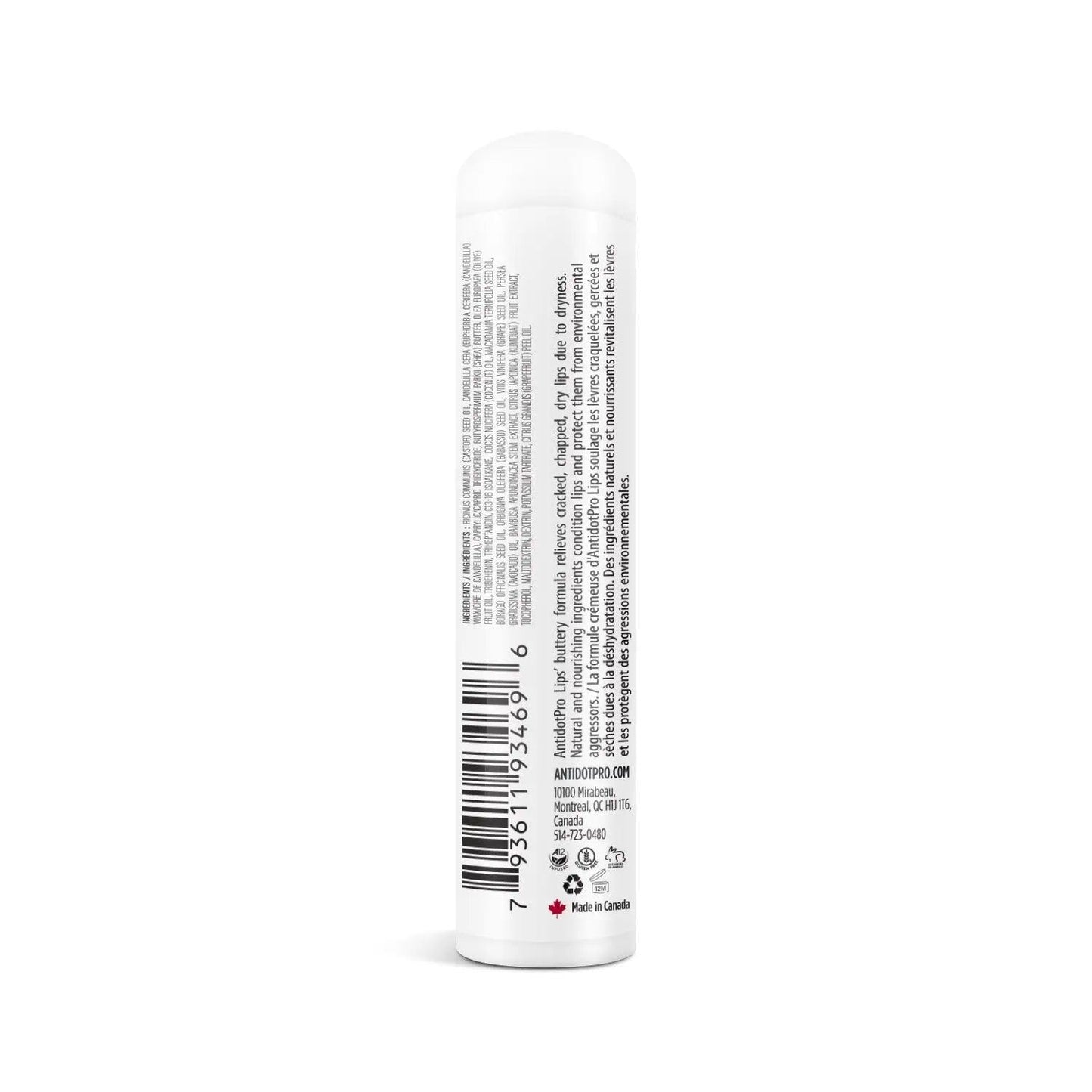 AntidotPro Lips Natural lip balm packaging showing ingredients and details on a white background.