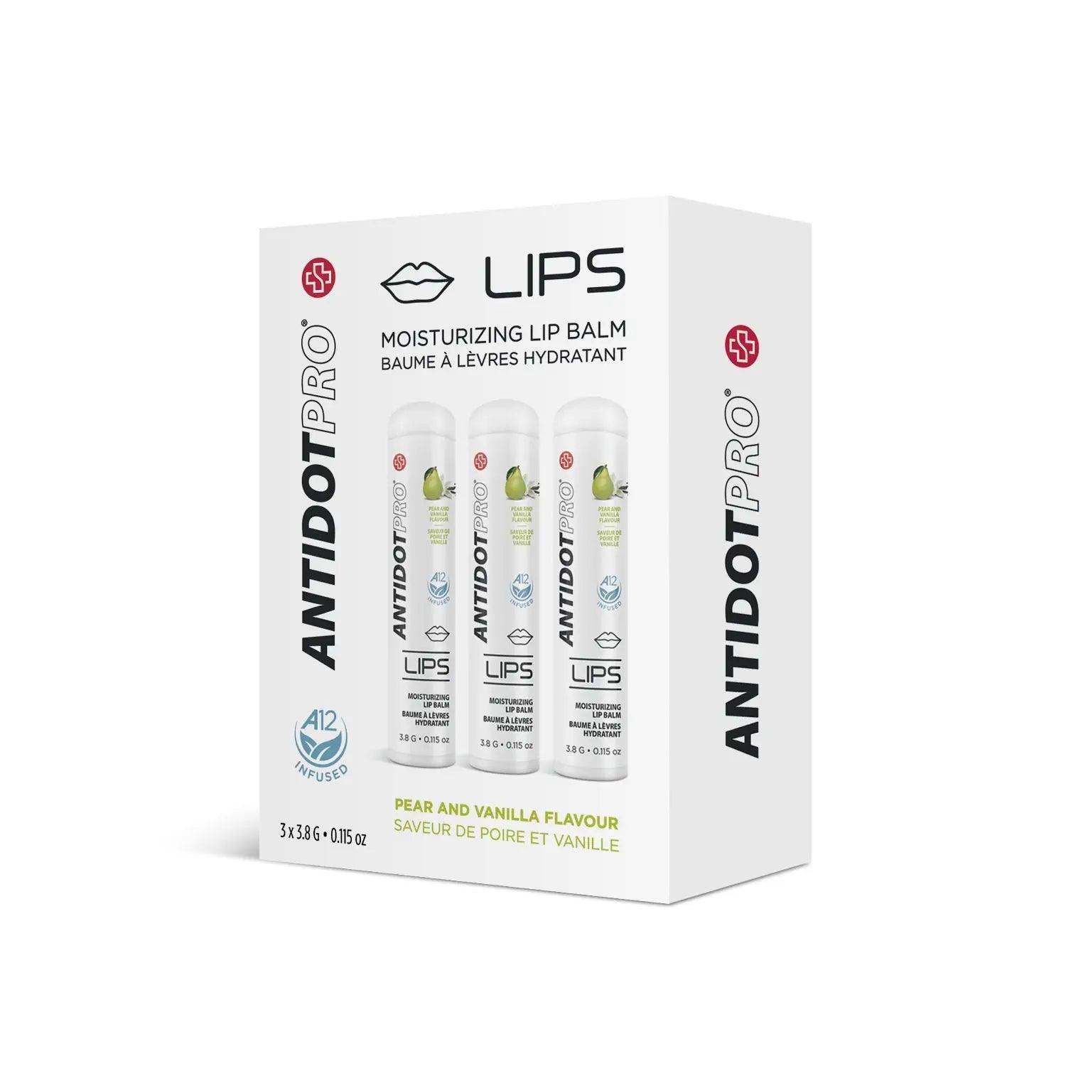 AntidotPro Lips moisturizing lip balm in pear and vanilla flavor, pack of three 3.8g tubes for hydration and healing.